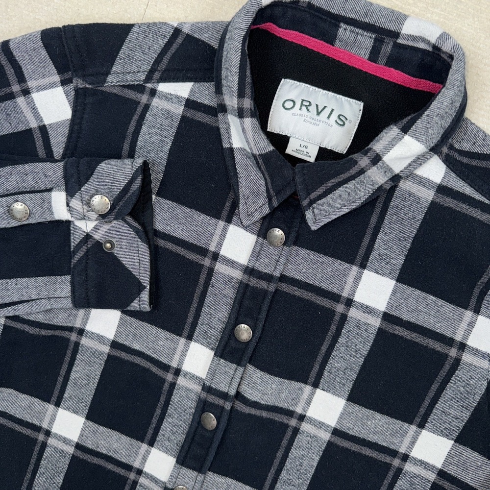 Orvis Flannel Shirt Jacket Women Small Black White Plaid Fleece Lined Snap Front